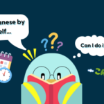 An image of a blue pigeon with a speech bubble. A text saying "Learn Japanese by yourself..." and "Can I do it?"