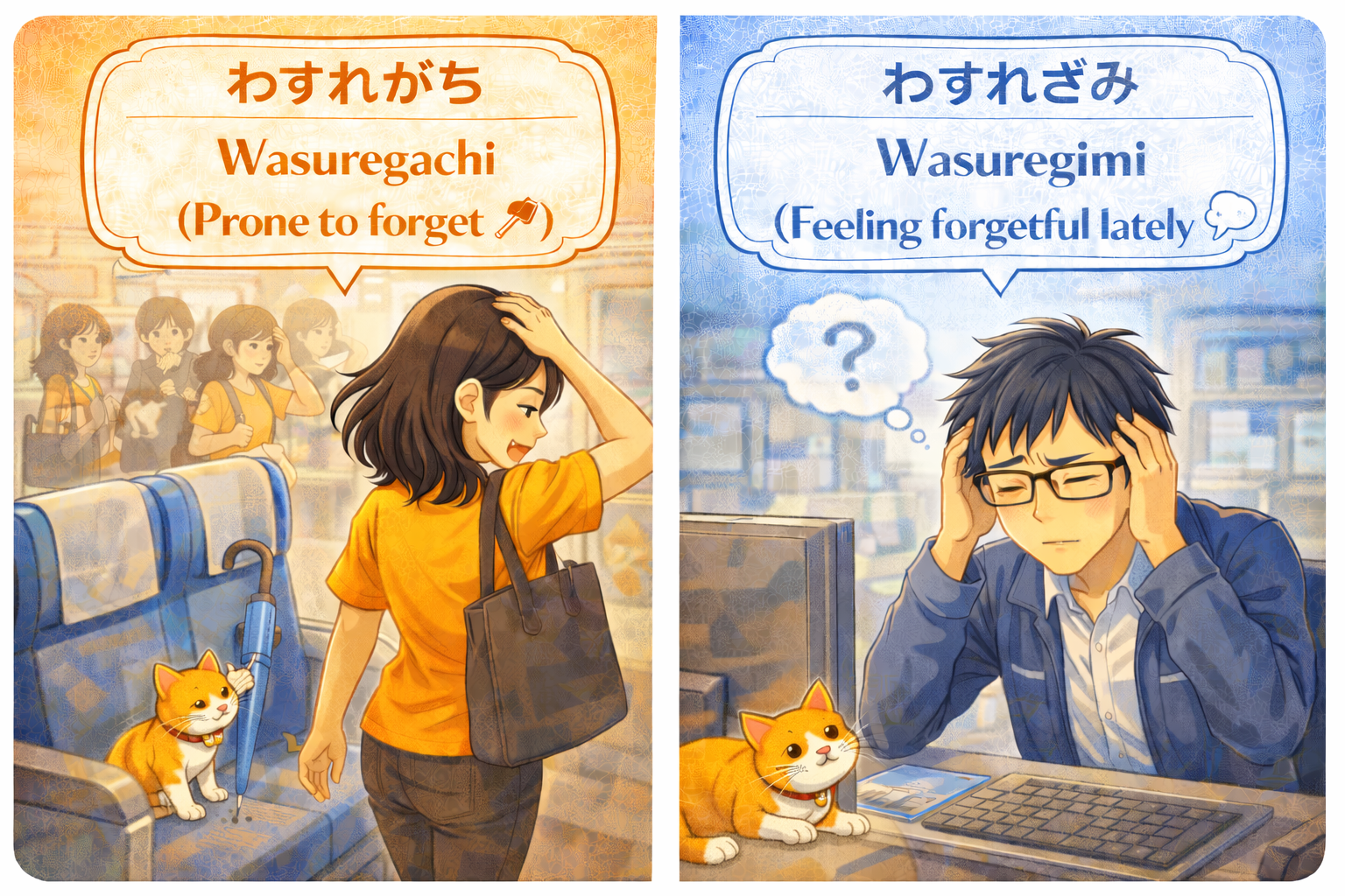 (Alt Text: Joy frequently leaving her umbrella [Wasuregachi] vs. Ken rubbing his temples feeling forgetful [Wasuregimi])