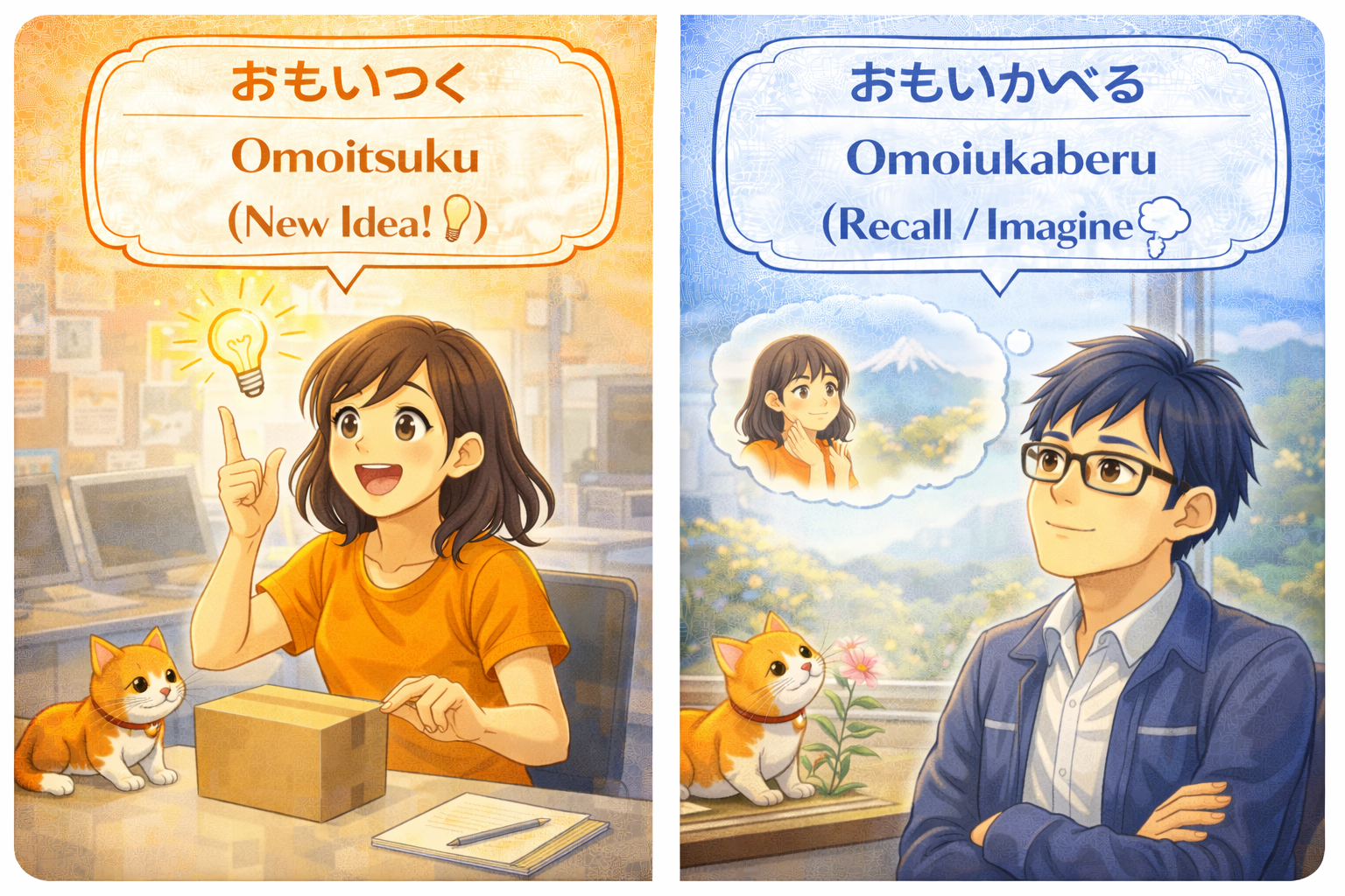 (Alt Text: Joy getting a lightbulb idea [Omoitsuku] vs. Ken recalling a nostalgic memory [Omoiukaberu])