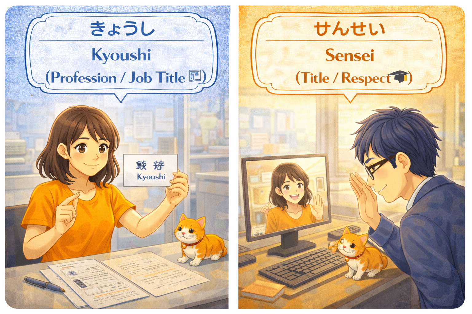 (Alt Text: 履歴書に教師と書くJoy [職業] vs. パソコン越しに先生に挨拶するKen [称号・敬意])