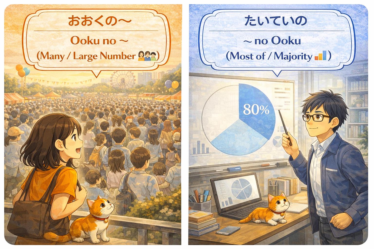 (Alt Text: 大勢の群衆を見て驚くJoy [多くの] vs. 円グラフの80%を指すKen [〜の多く])