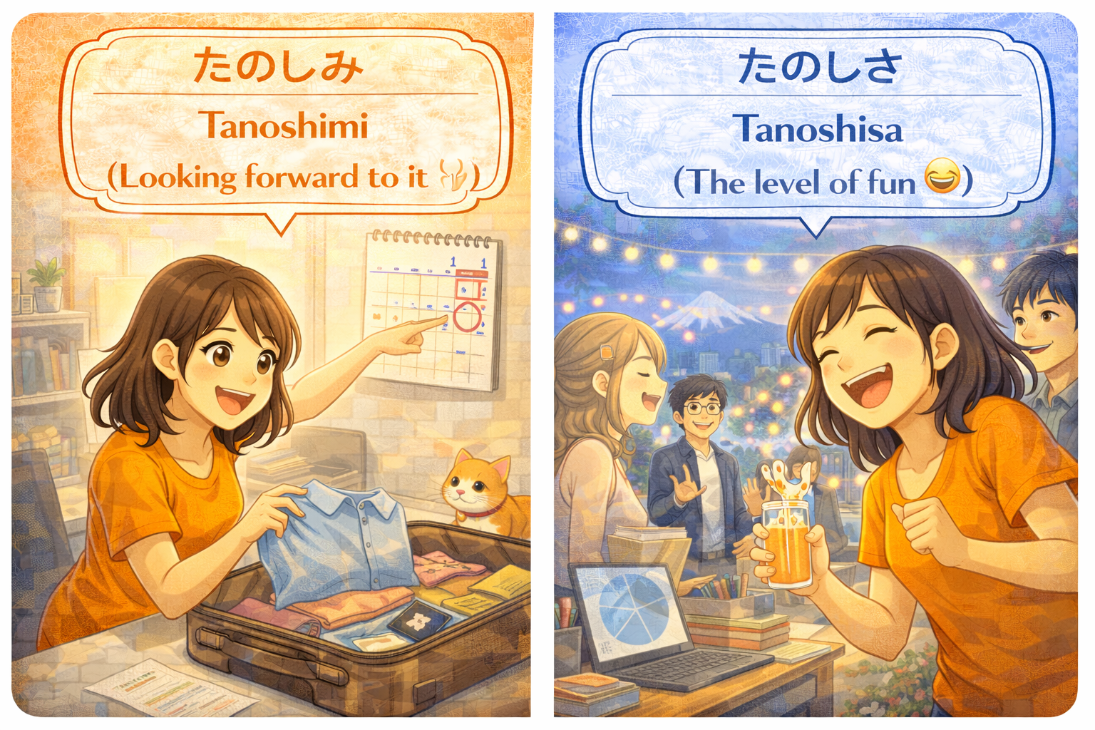 (Alt Text: Joy packing her bags for a trip [Tanoshimi] vs. Joy laughing at a party right now [Tanoshisa])