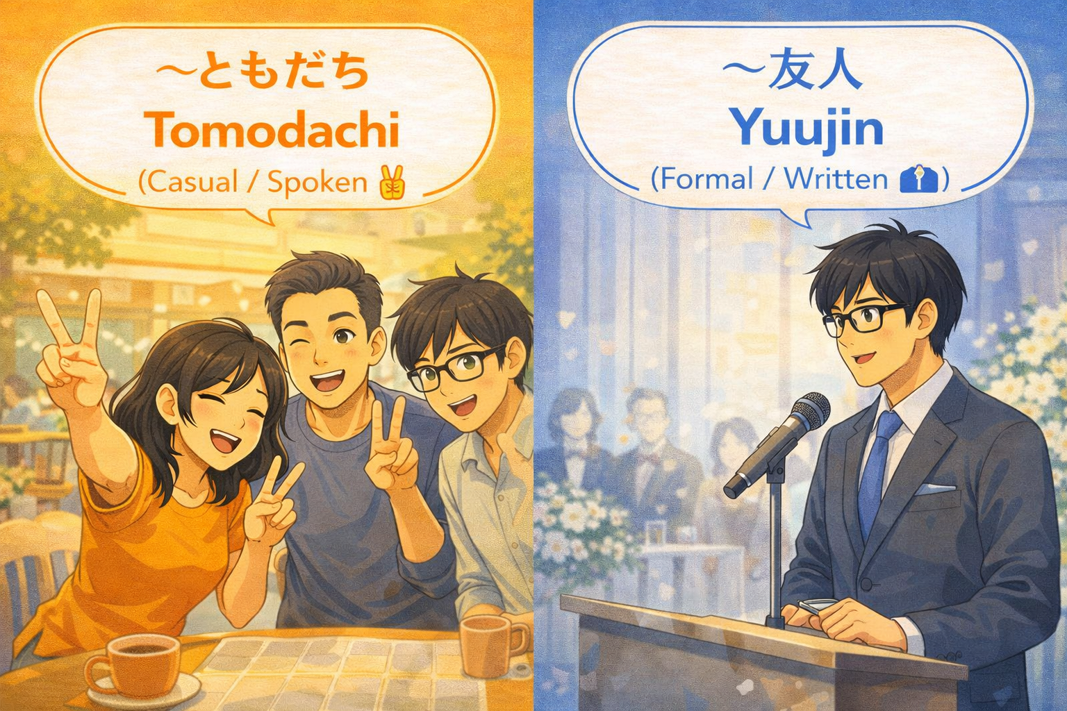 (Alt Text: カフェで楽しく自撮りをするJoy [友達] vs. 公式なイベントでスピーチをするKen [友人])