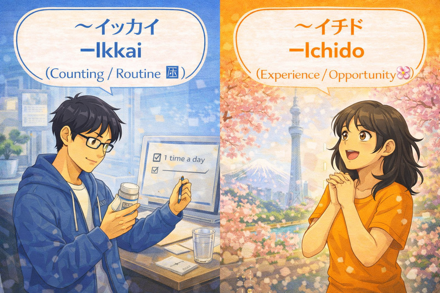 (Alt Text: 薬の回数をチェックするKen [一回] vs. 特別な旅行を夢見るJoy [一度])