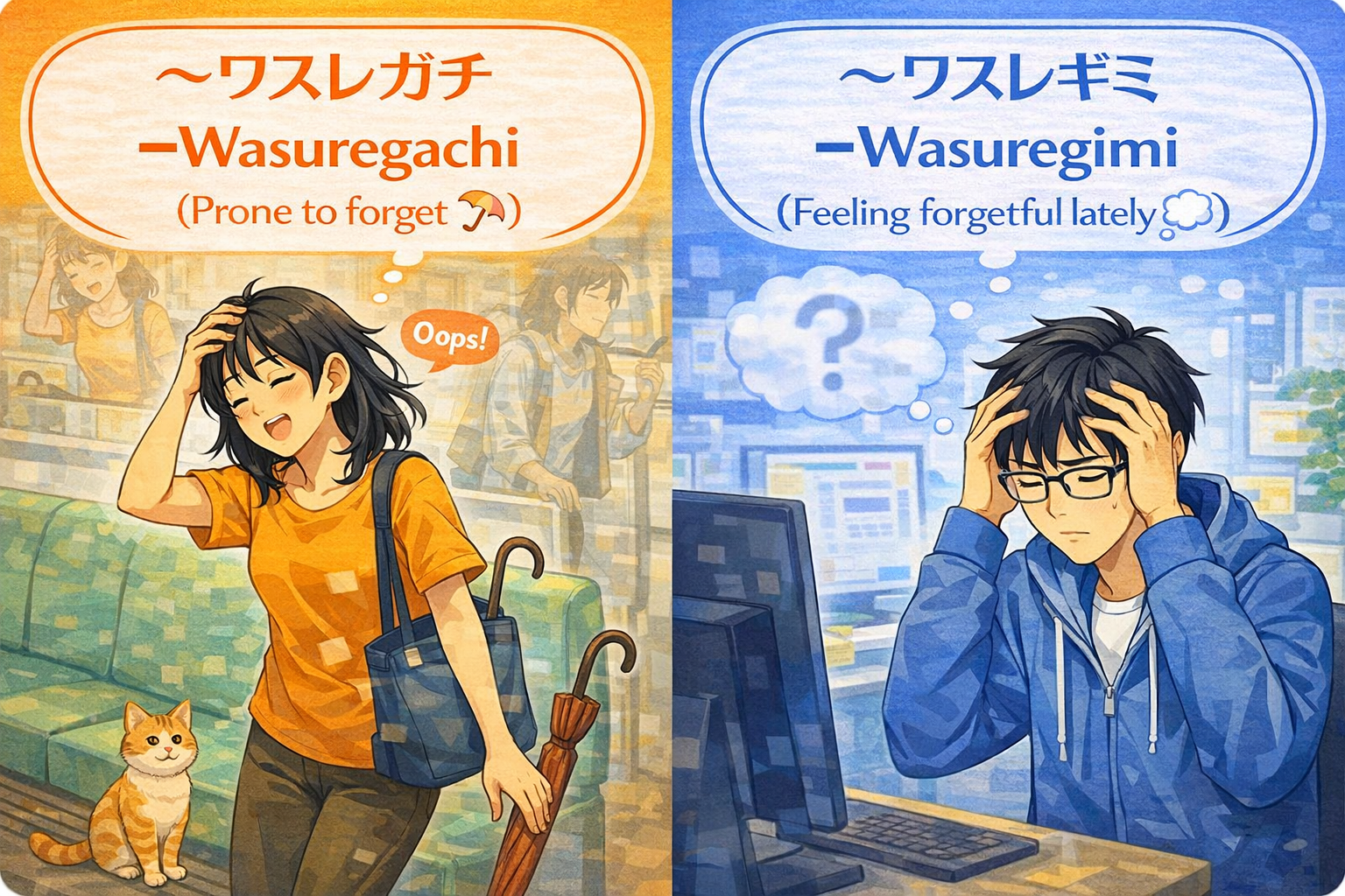 (Alt Text: 傘を何度も忘れるJoy [忘れがち] vs. 頭を抱えて記憶が曖昧なKen [忘れ気味])