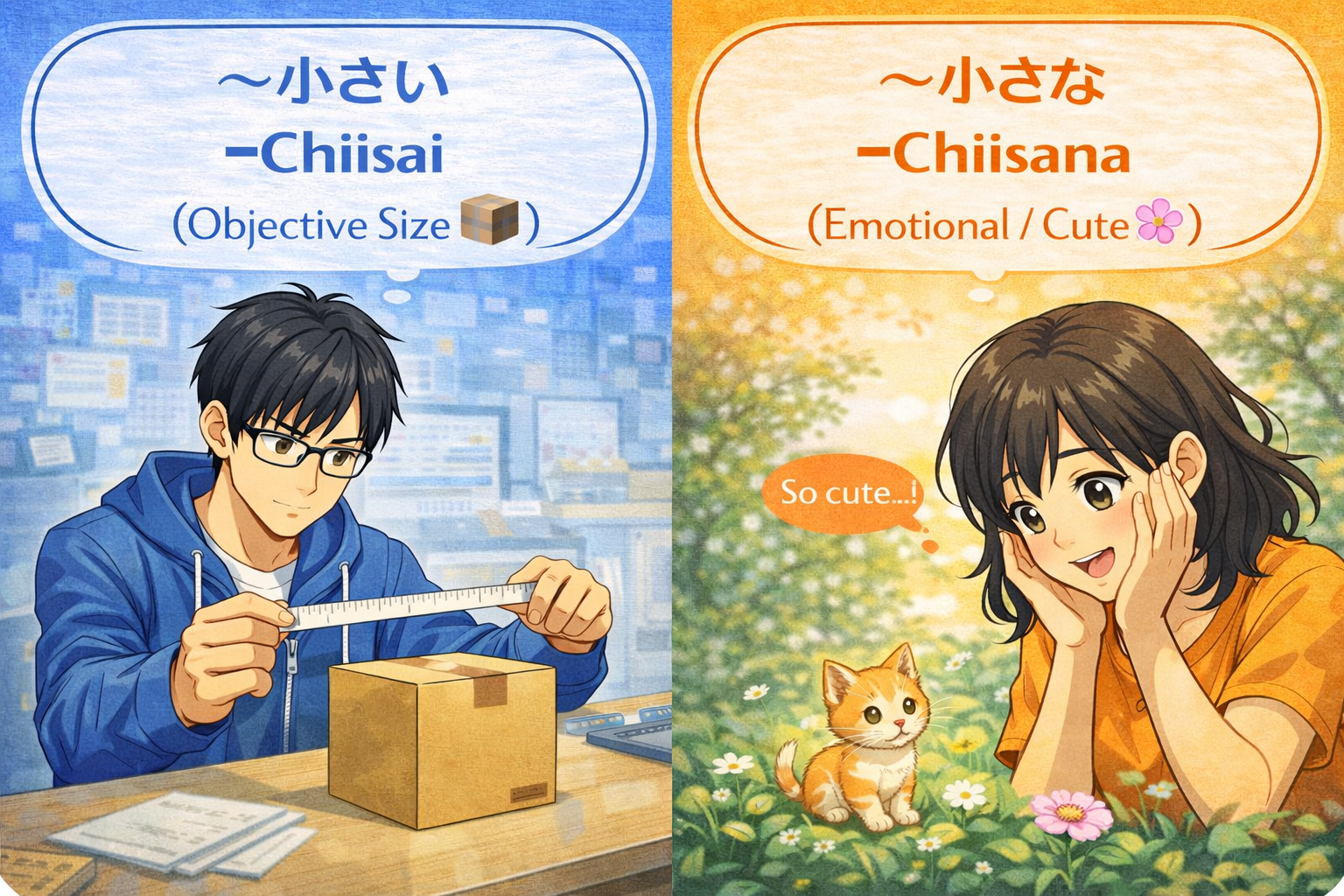 (Alt Text: 箱のサイズを測るKen [小さい] vs. 可愛い子猫を見て感動するJoy [小さな])