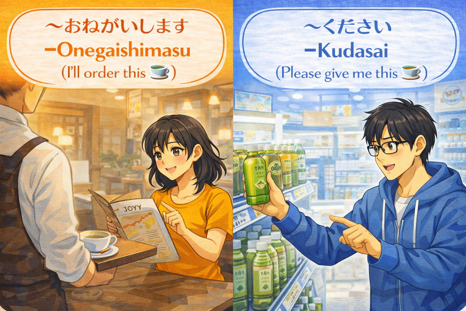 (Alt Text: カフェで丁寧にお茶を注文するJoy [お願いします] vs. コンビニでお茶のペットボトルを買うKen [ください])
