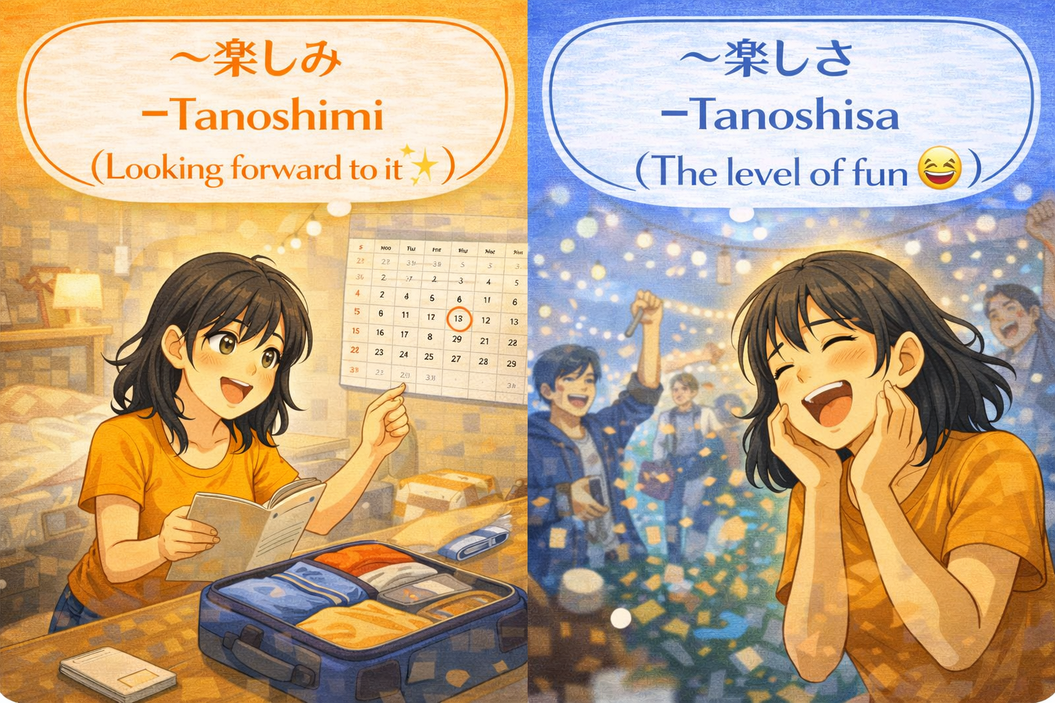 (Alt Text: 旅行の準備をしてワクワクするJoy [楽しみ] vs. パーティーで今まさに笑っているJoy [楽しさ])