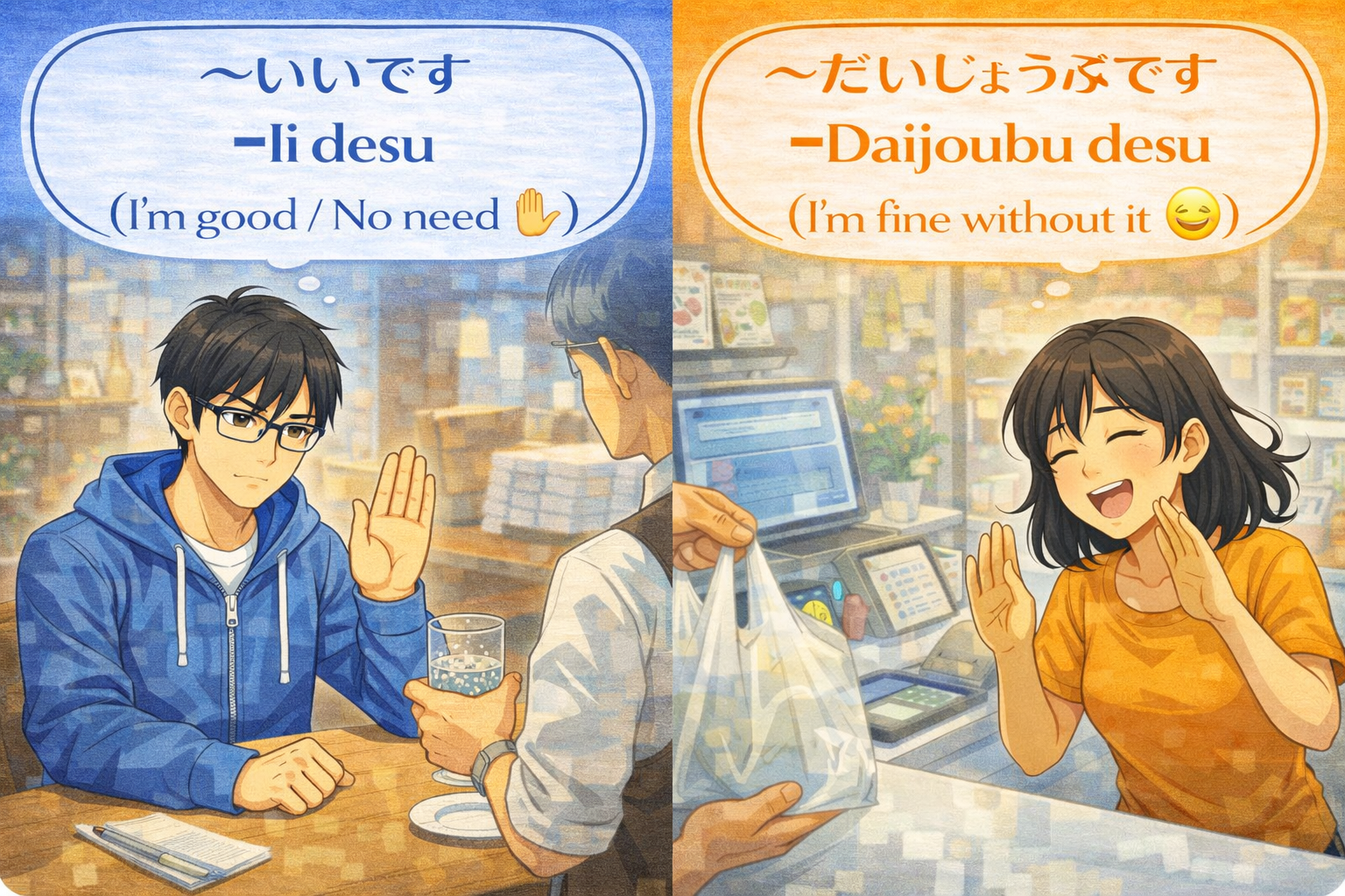 (Alt Text: お水を「いいです」と強めに断るKen vs. レジ袋を「大丈夫です」と笑顔で断るJoy)
