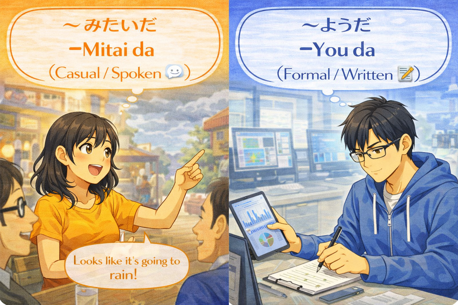 (Alt Text: 友達と天気の推測をするJoy [みたいだ] vs. データを見て報告書を書くKen [ようだ])