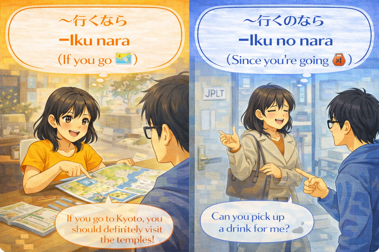 (Alt Text: 日本旅行のアドバイスをするJoy [行くなら] vs. 出かけるJoyにお願いごとをするKen [行くのなら])