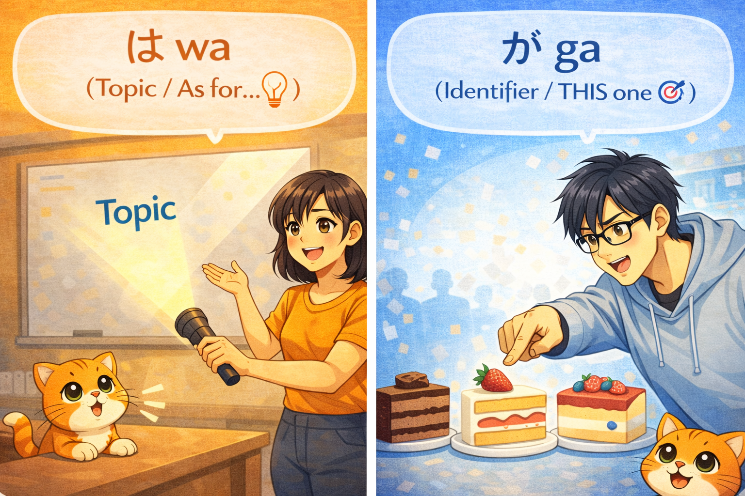 (Alt Text: Joy shining a spotlight on a topic [Wa] vs. Ken pointing exactly at one specific item [Ga])