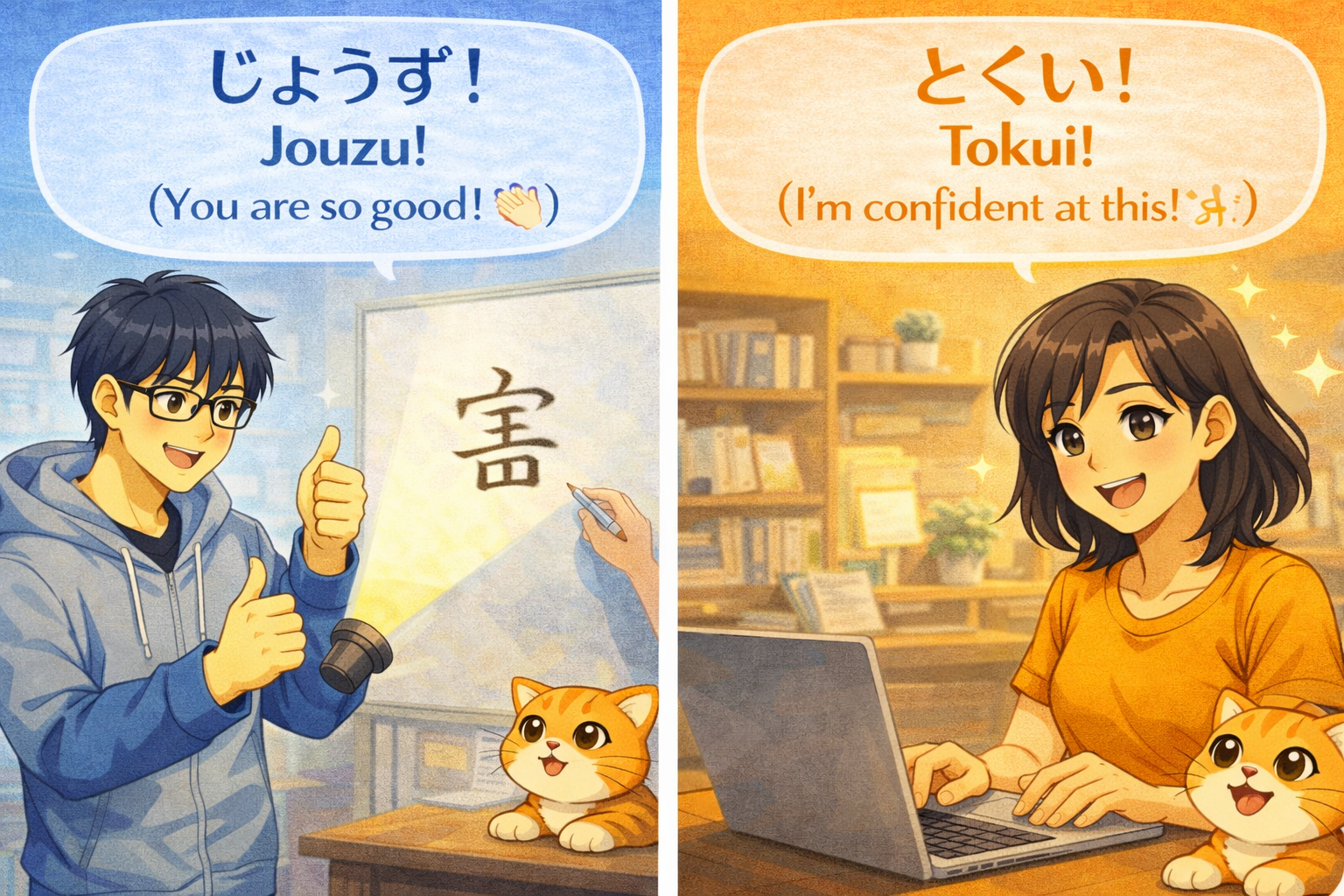 (Alt Text: Ken praising a student's skill [Jouzu] vs. Joy confidently showing her own strength [Tokui])