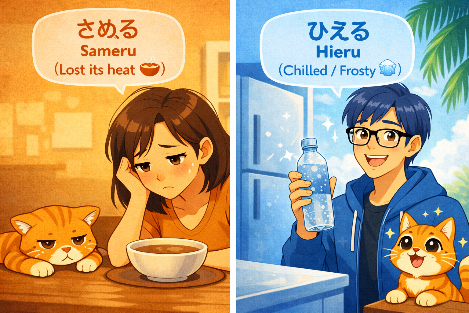 (Alt Text: Joy looking sad at cold soup [Sameru] vs. Ken enjoying an icy, chilled drink [Hieru])