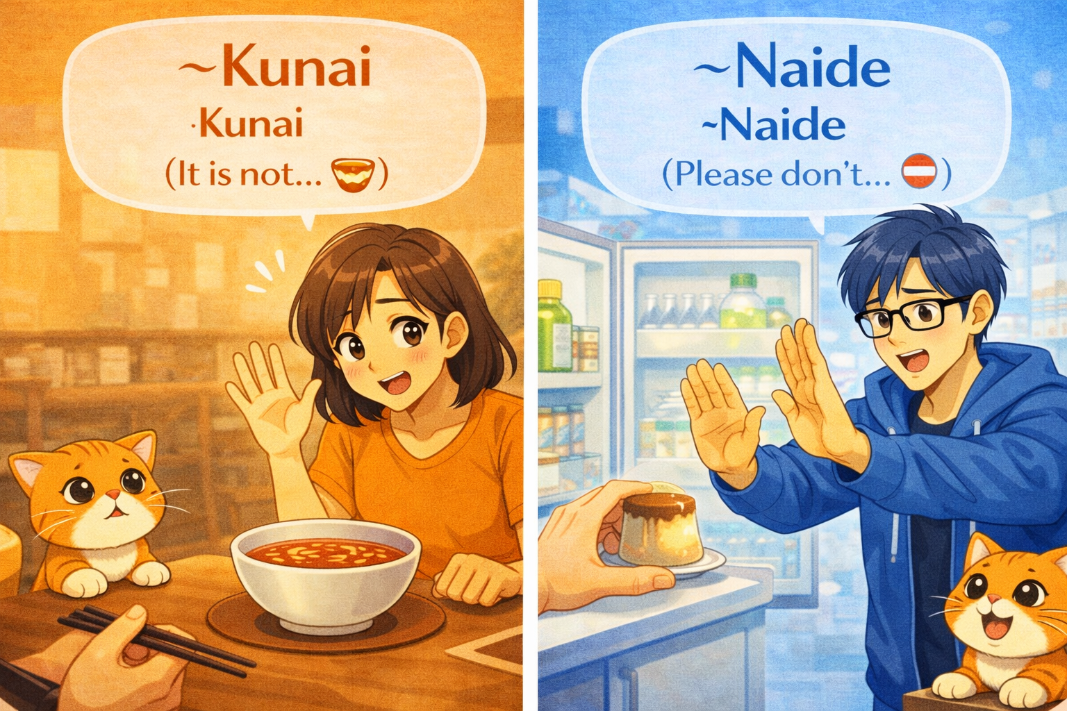 (Alt Text: Joy describing that her food is not spicy [~Kunai] vs. Ken asking someone not to eat his pudding [~Naide])
