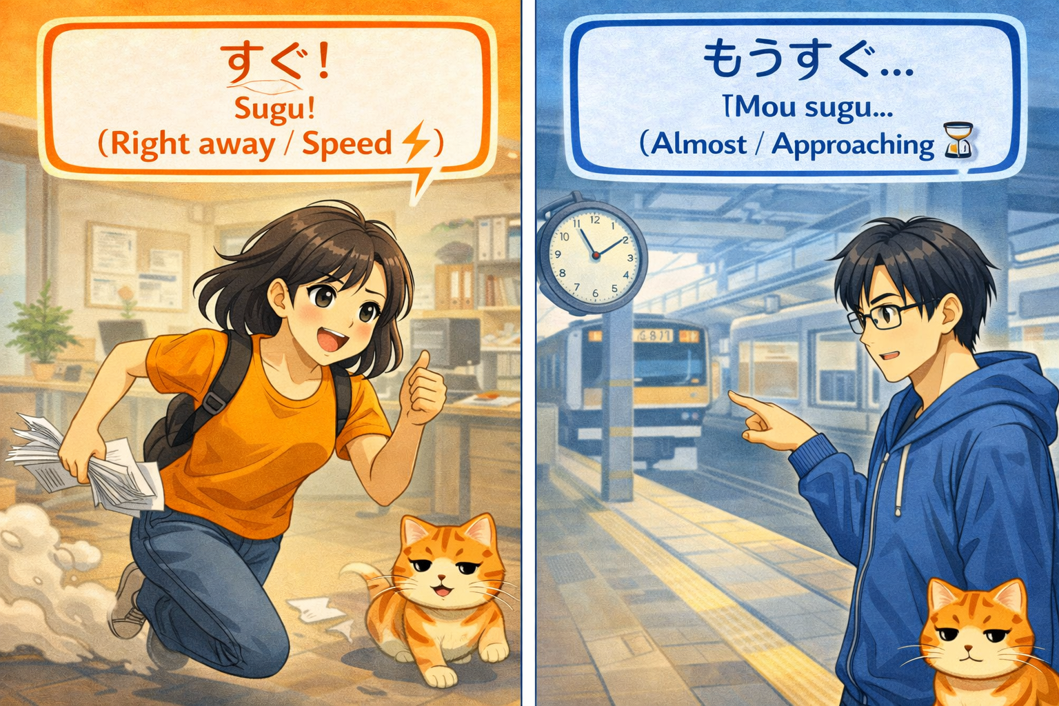 (Alt Text: 大急ぎでアクションを起こすJoy [すぐ] vs. 時計やカレンダーを見てイベントを待つKen [もうすぐ])