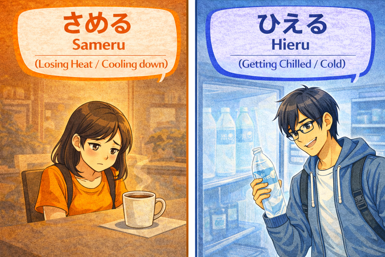 (Alt Text: 熱を失ったコーヒーを見て残念そうにするJoy [冷める] vs. キンキンに冷えたグラスを見て喜ぶKen [冷える])