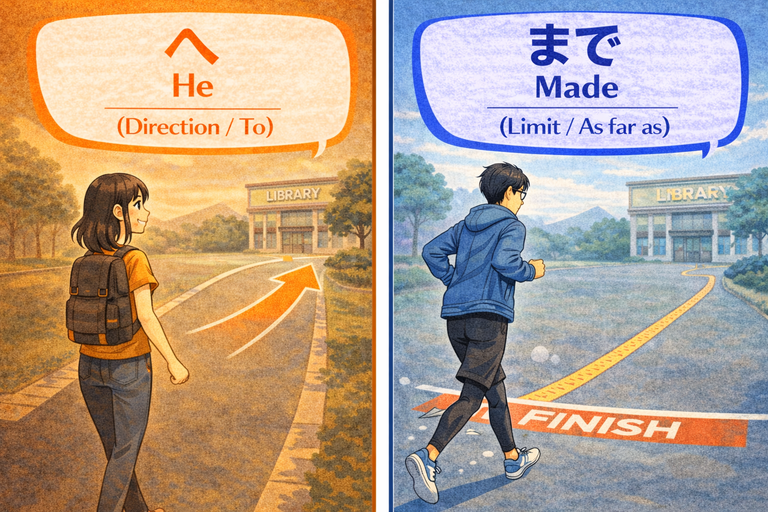 (Alt Text: 図書館に向かう方向の矢印を示す「へ」と、移動距離を強調し図書館の前でゴールラインを引く「まで」の概念図)