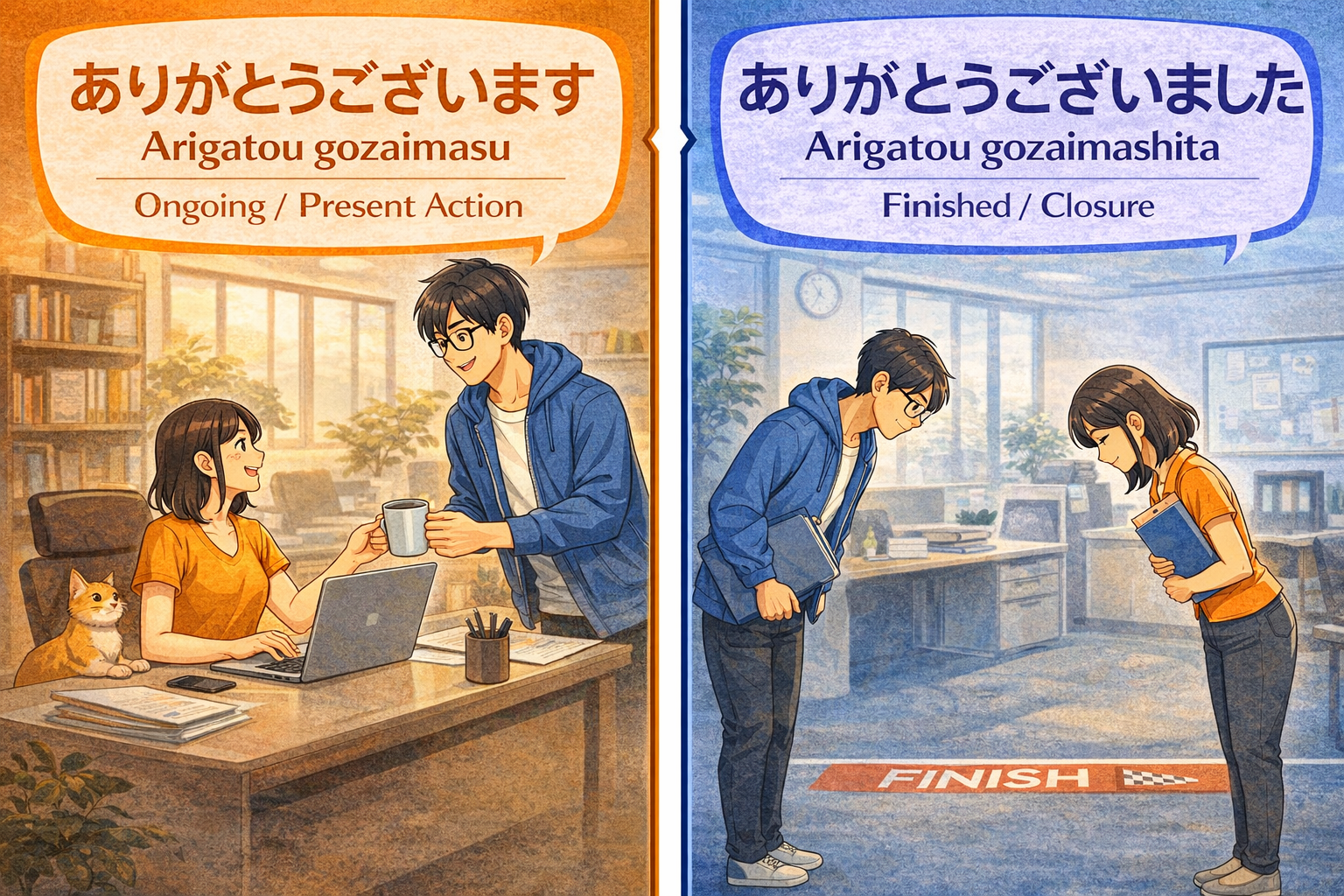 (Alt Text: 今コーヒーを受け取って感謝するJoy [現在形] vs. プロジェクトが完全に終わってお辞儀をするKen [過去形])