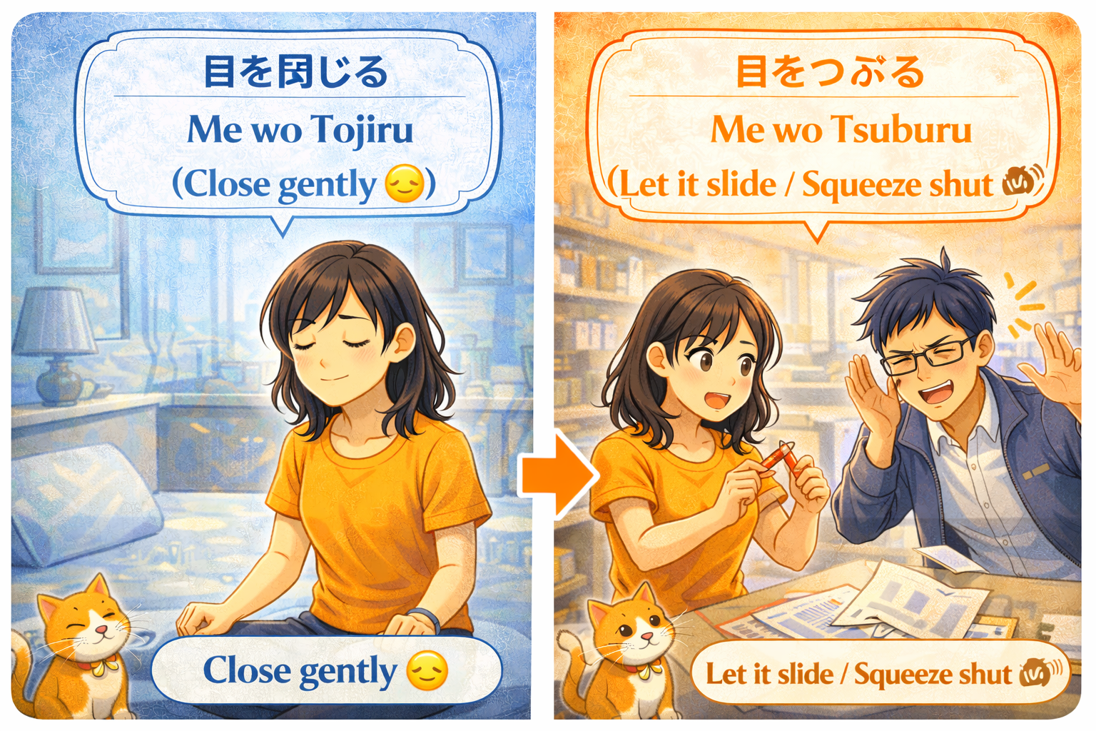 (Alt Text: リラックスして目を閉じるJoy [目を閉じる] vs. ミスを見なかったことにするKen [目をつぶる])