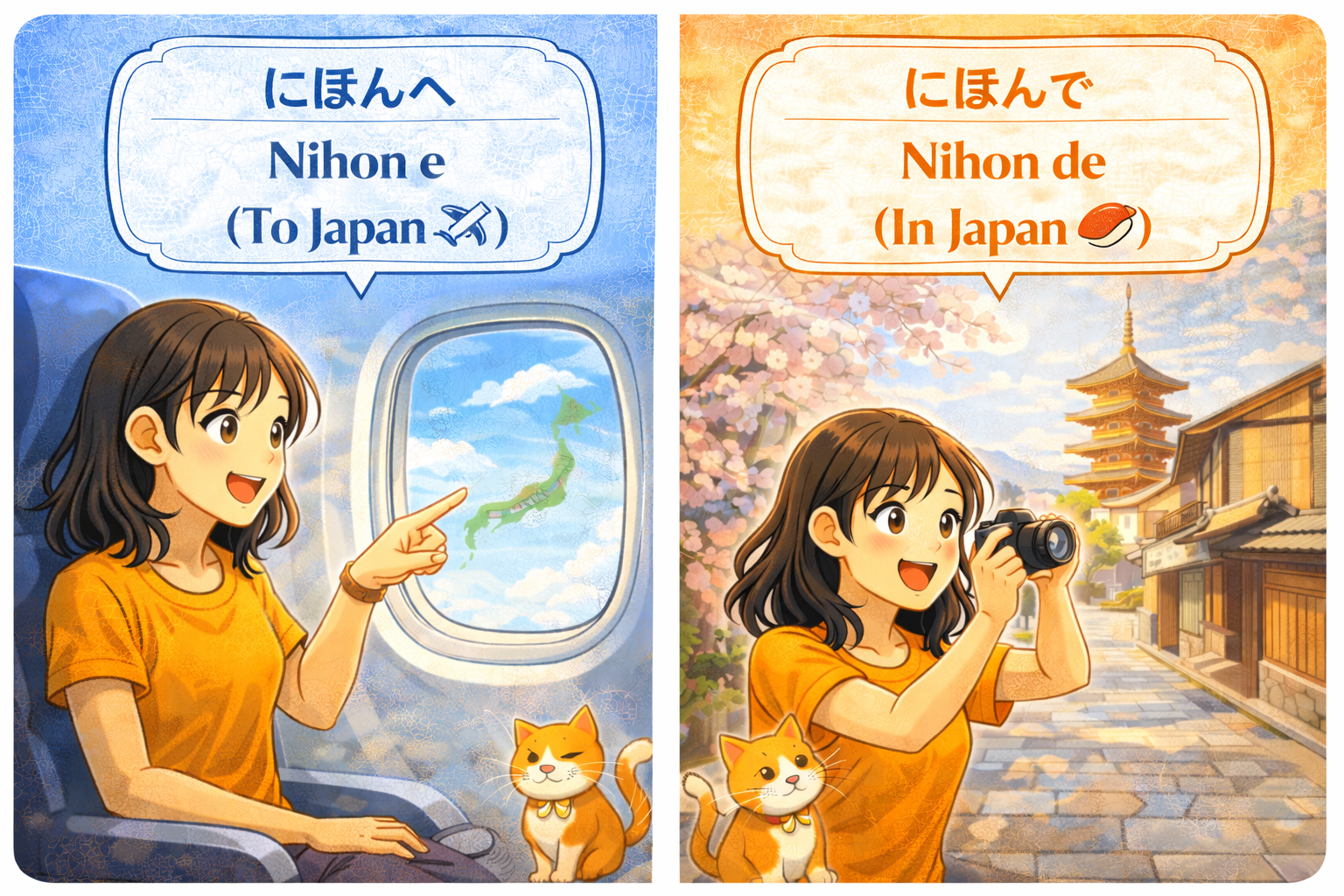 (Alt Text: Joy flying in an airplane [Nihon e] vs. Joy eating sushi in Kyoto [Nihon de])