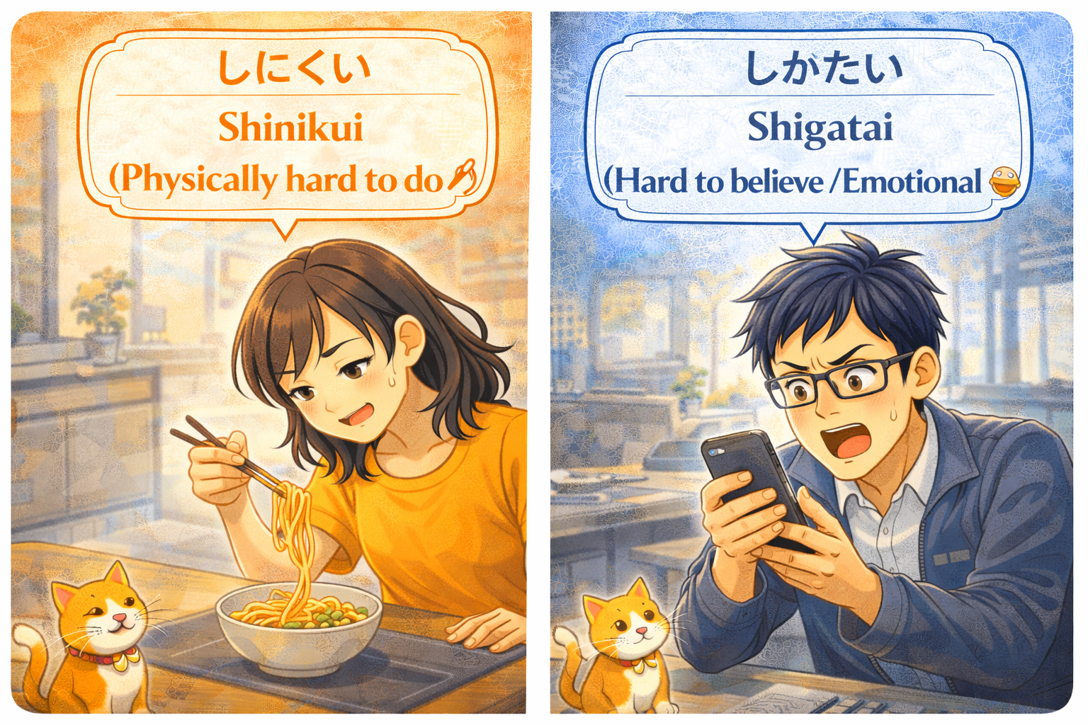 (Alt Text: Joy struggling to use chopsticks [~nikui] vs. Ken looking shocked at unbelievable news [~gatai])