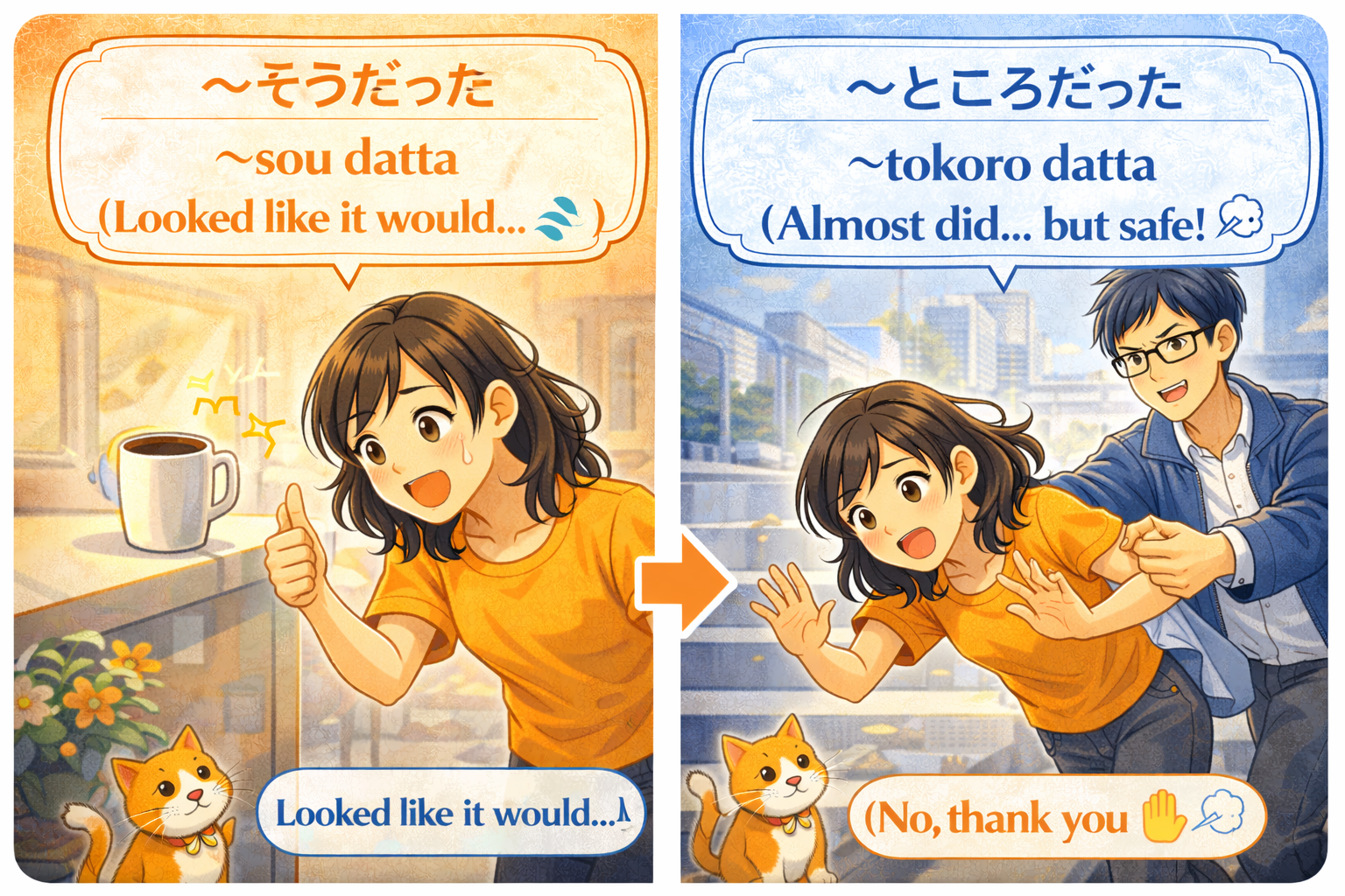 (Alt Text: グラグラするコップを見るJoy [〜そうだった] vs. 転ぶJoyを助けるKen [〜るところだった])