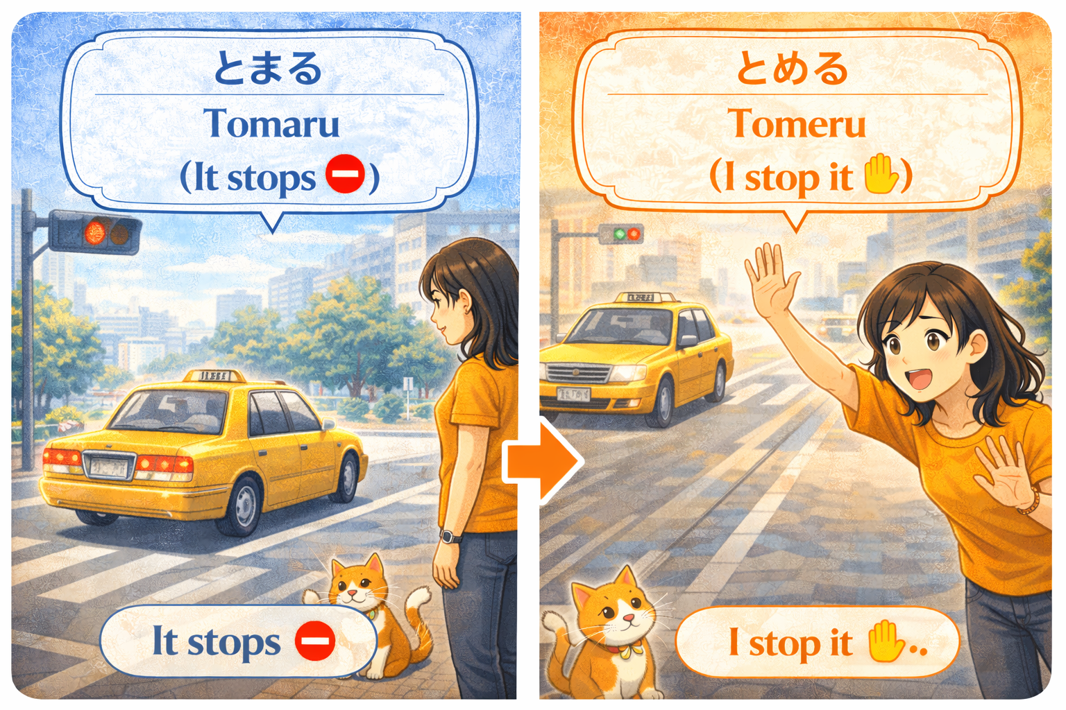 (Alt Text: 赤信号で止まるタクシーを見るJoy [止まる] vs. 手を挙げてタクシーを止めるJoy [止める])