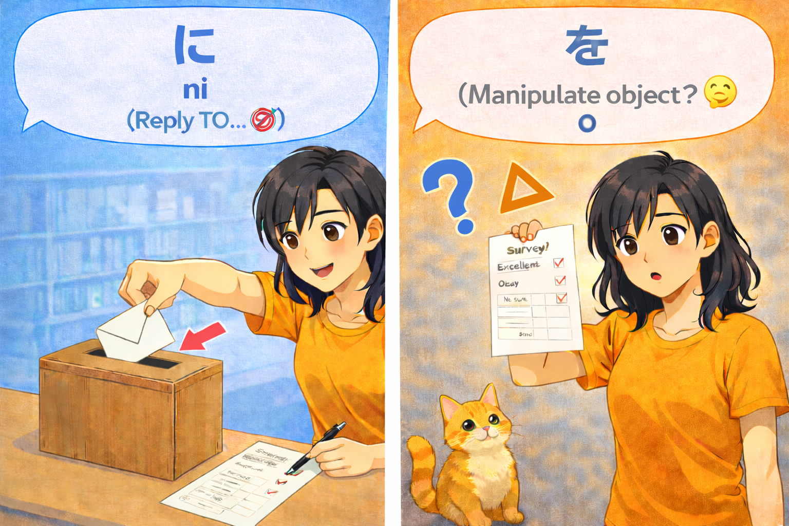 (Alt Text: アンケート「に」答えるJoy vs. アンケート「を」持つJoy)