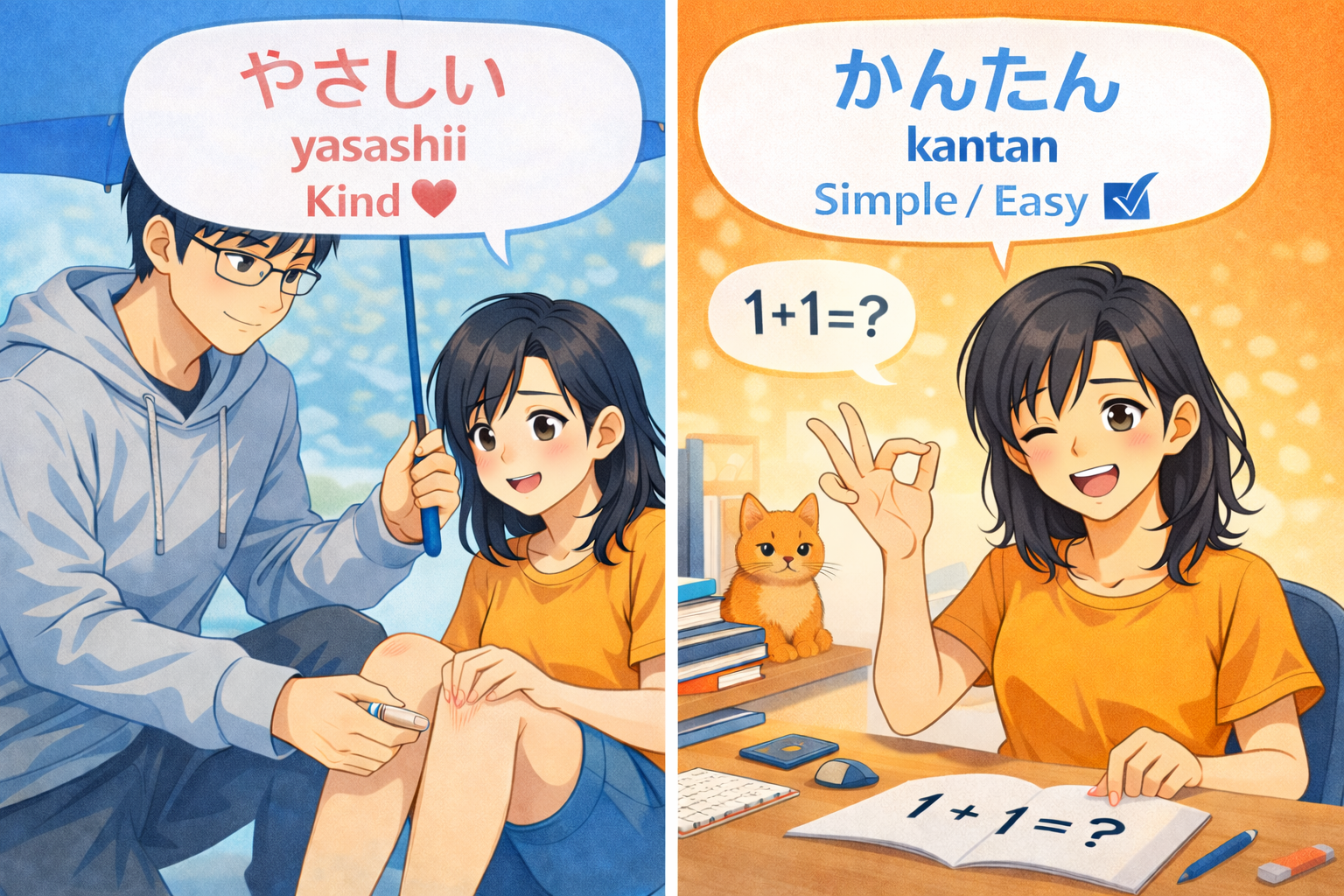 (Alt Text: 親切なKen [やさしい] vs. 計算問題を解くJoy [かんたん])