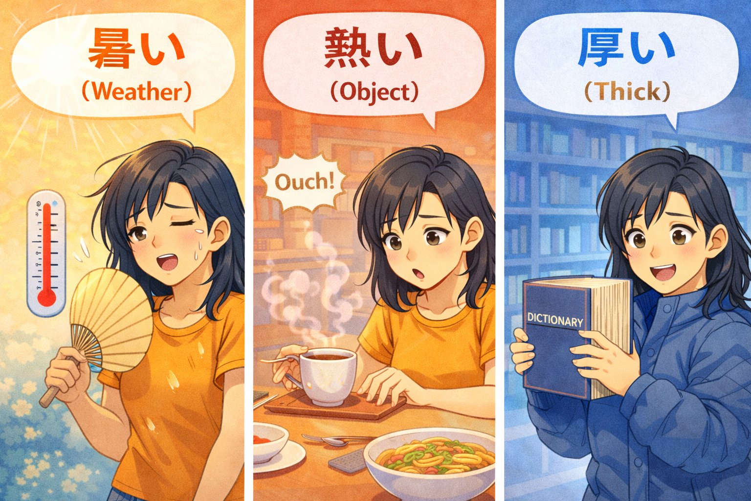(Alt Text: Joy sweating [暑い], touching hot tea [熱い], holding a thick book [厚い])