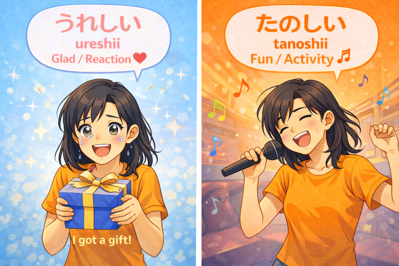 (Alt Text: プレゼントをもらうJoy [うれしい] vs. カラオケで歌うJoy [たのしい])