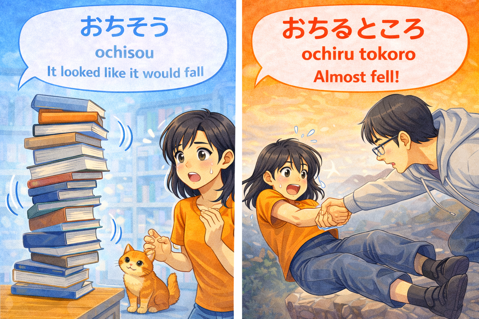 (Alt Text: グラグラする本を見るJoy [落ちそう] vs. 崖から助けられるJoy [落ちるところ])