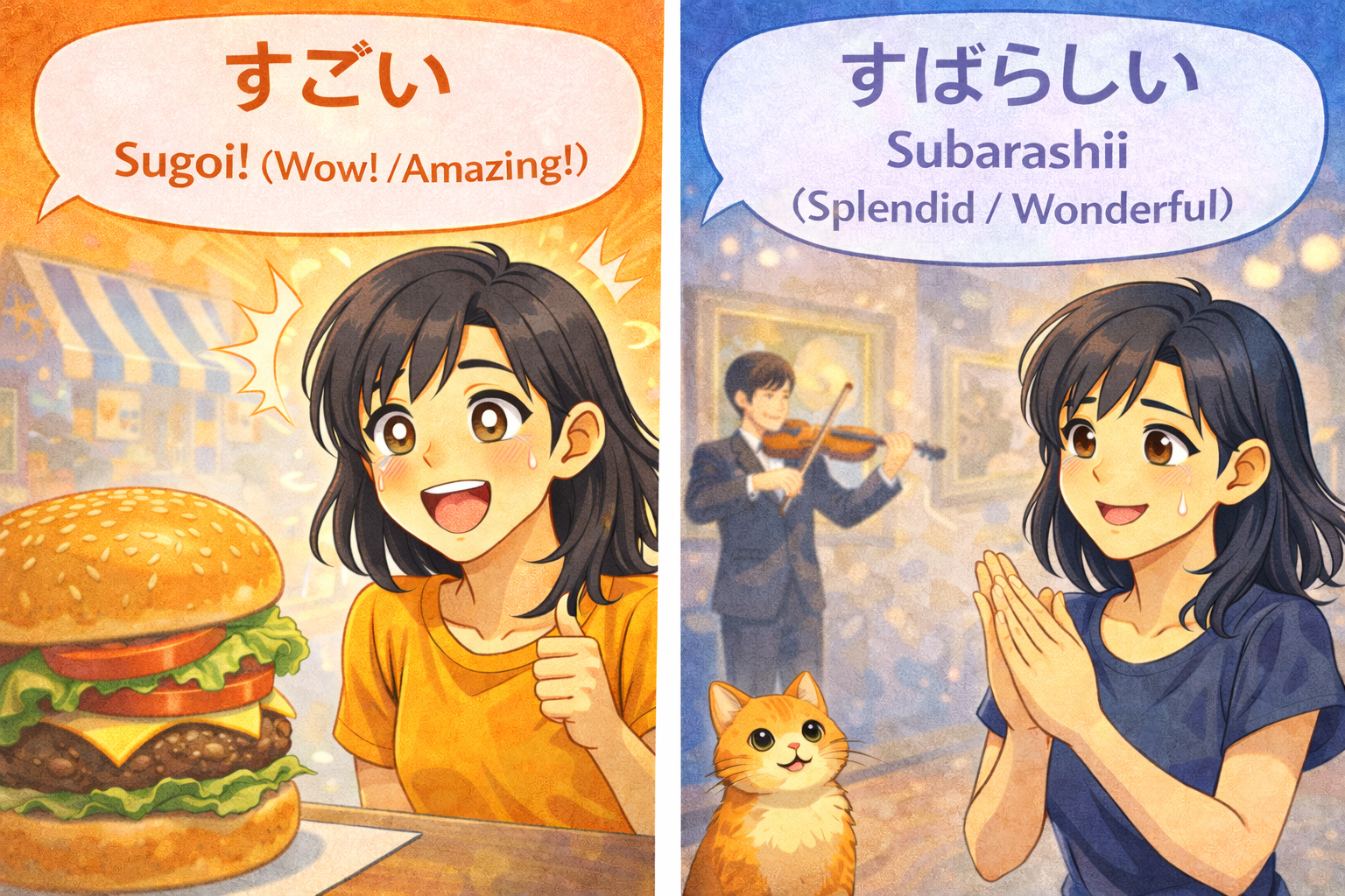 (Alt Text: カジュアルに「すごい!」と言うJoy vs. 上品に「すばらしい」と言うJoy)