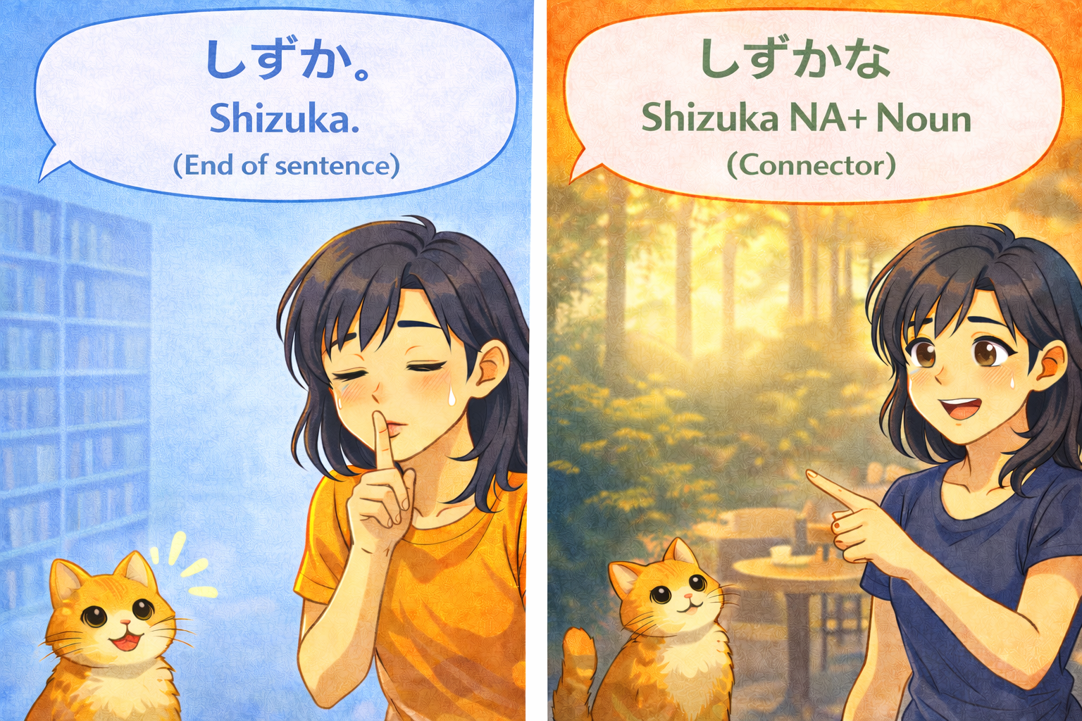 (Alt Text: Joy in a quiet library [Shizuka] vs. Joy pointing to a quiet place [Shizuka na])