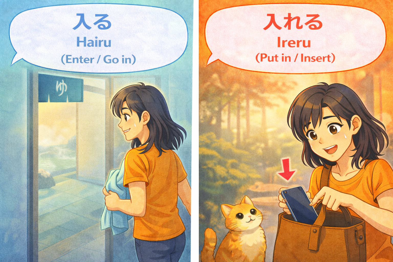 (Alt Text: 部屋に入るJoy [入る] vs. カバンに物を入れるJoy [入れる])