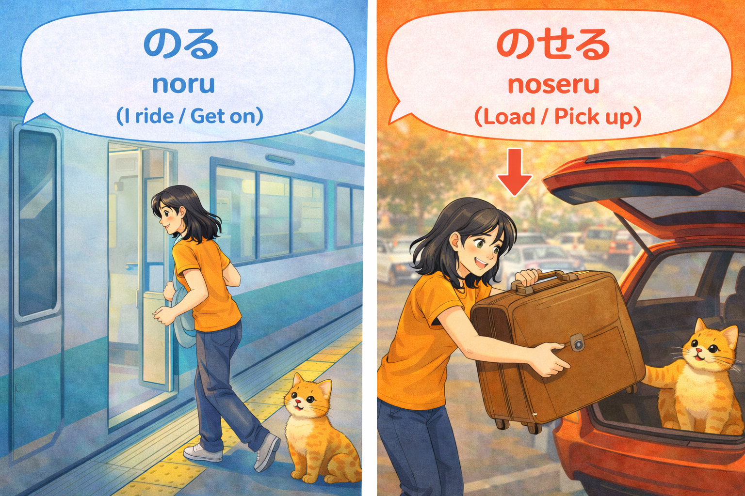 (Alt Text: Joy getting on a train [Noru] vs. Joy loading luggage [Noseru])