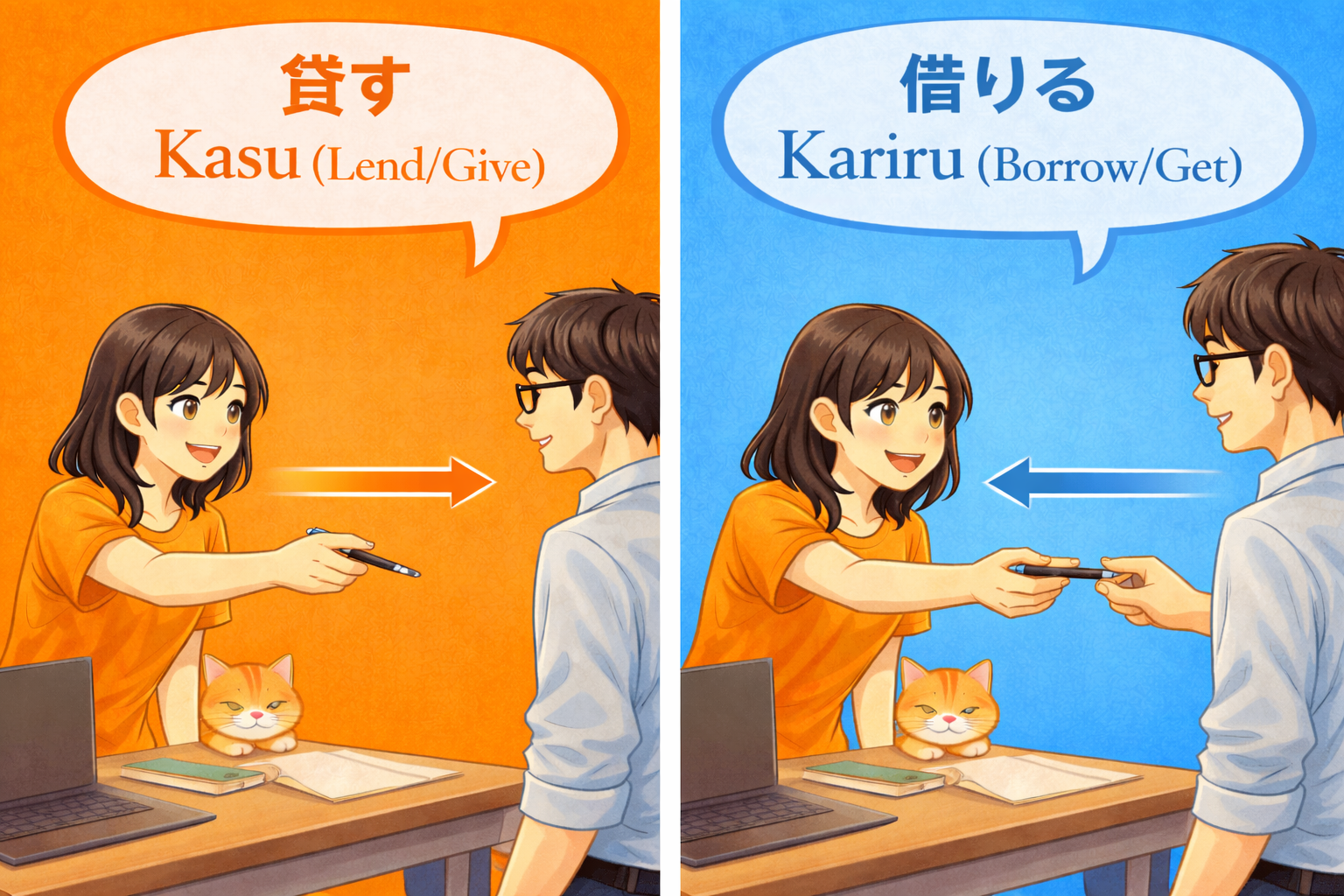 (Alt Text: Joy lending a pen [Kasu] vs. Joy borrowing a pen [Kariru])