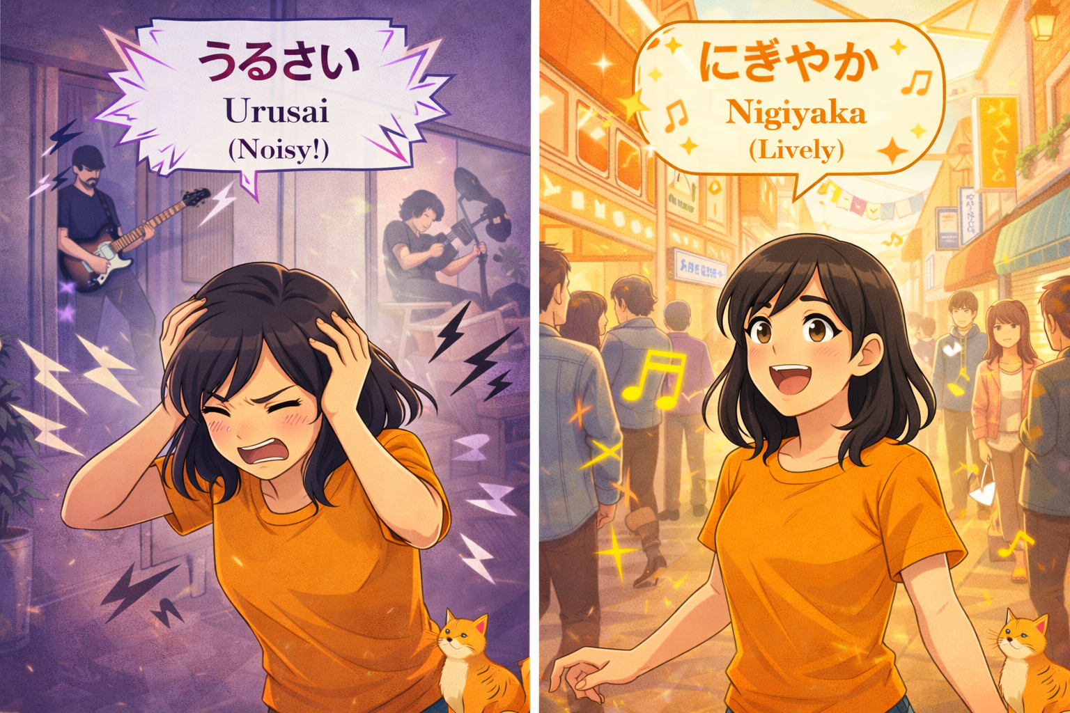 (Alt Text: Joy annoyed by noise [Urusai] vs. Joy enjoying a lively street [Nigiyaka])