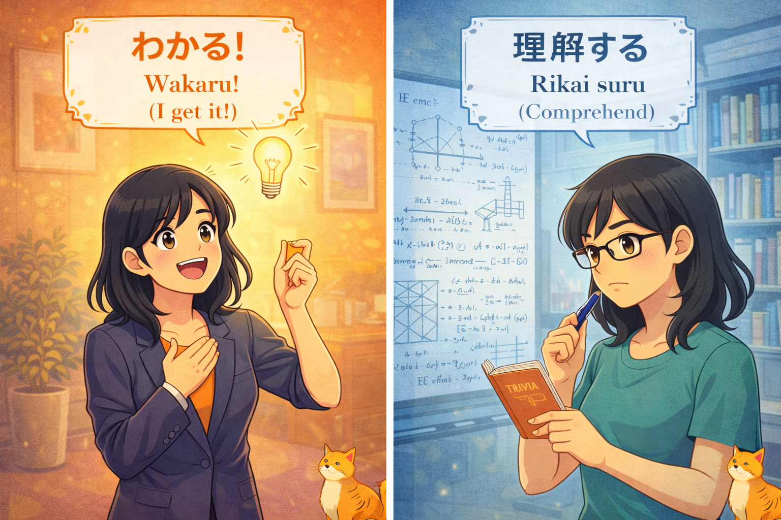 (Alt Text: Joy having an idea [Wakaru] vs. Joy analyzing data [Rikai suru])