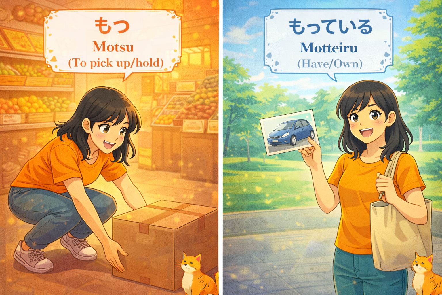 (Alt Text: Joy picking up a box [Motsu] vs. Joy owning a car [Motteiru])