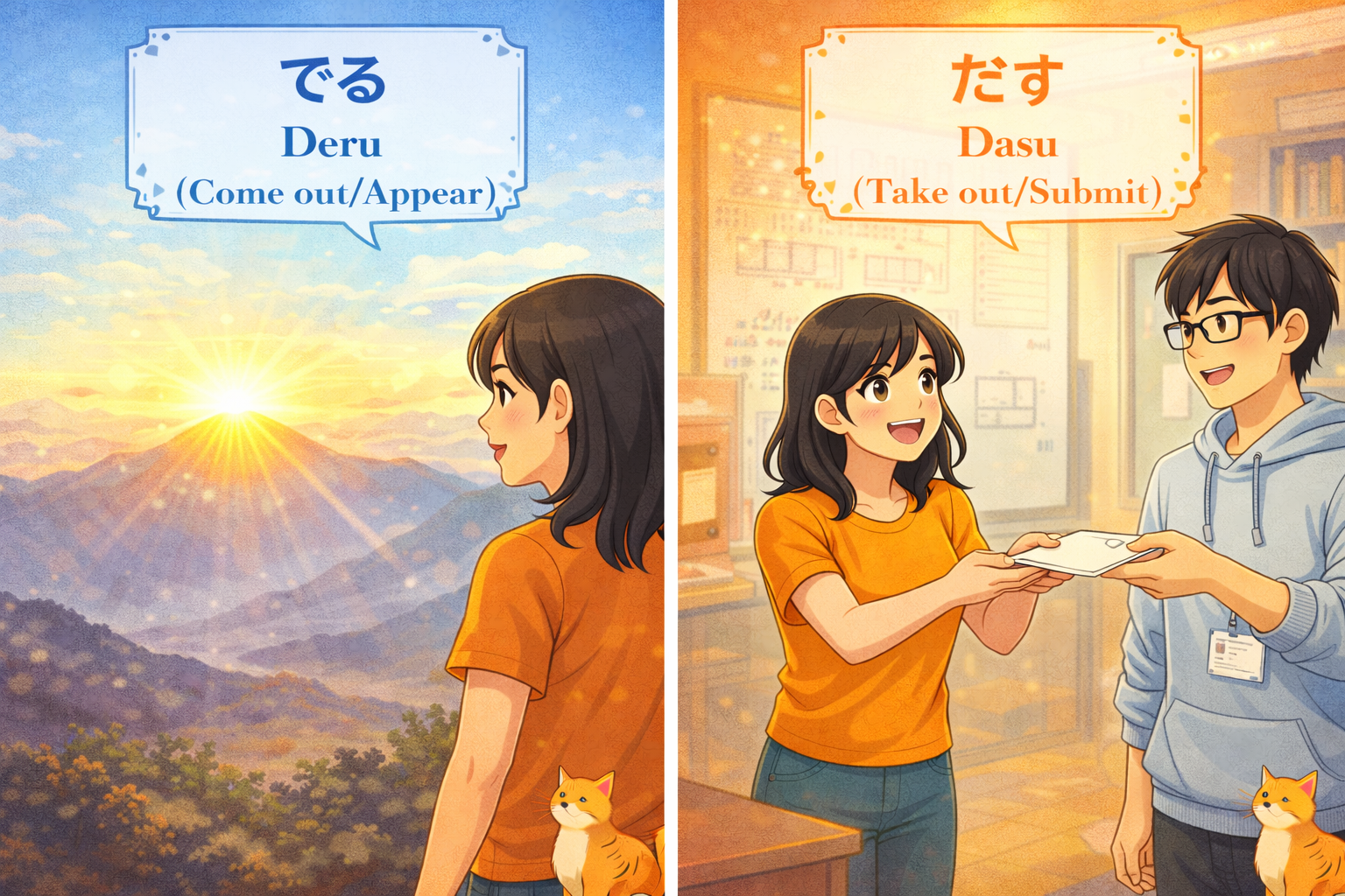 (Alt Text: Sun appearing [Deru] vs. Joy submitting homework [Dasu])