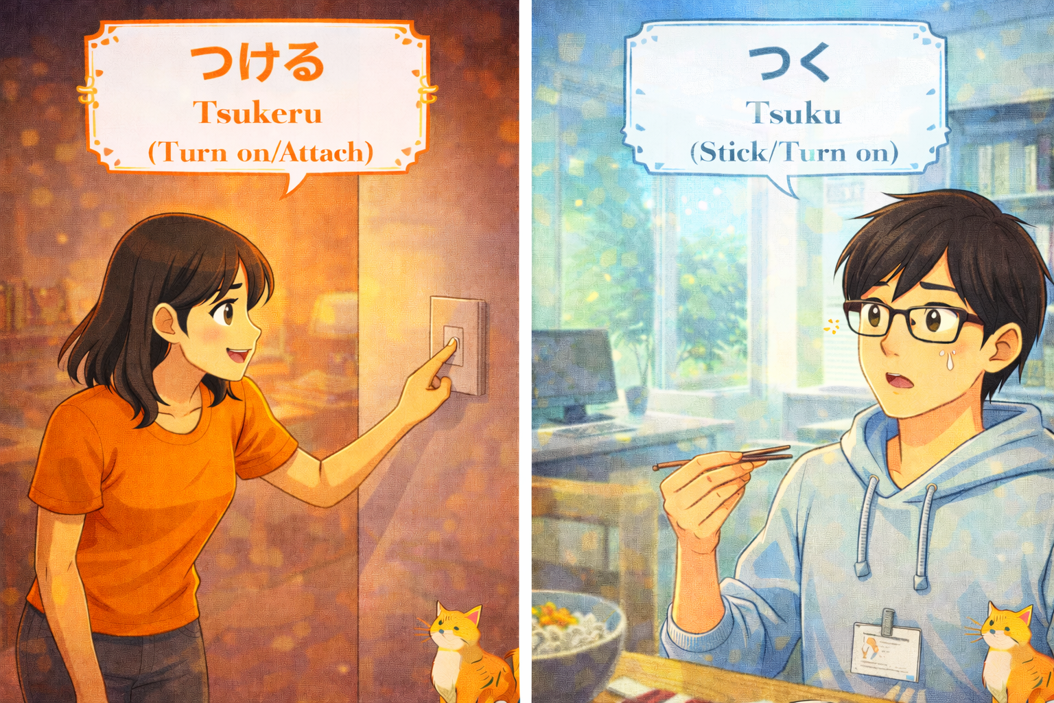 (Alt Text: Joy turning on a light [Tsukeru] vs. Rice stuck on Ken's face [Tsuku])