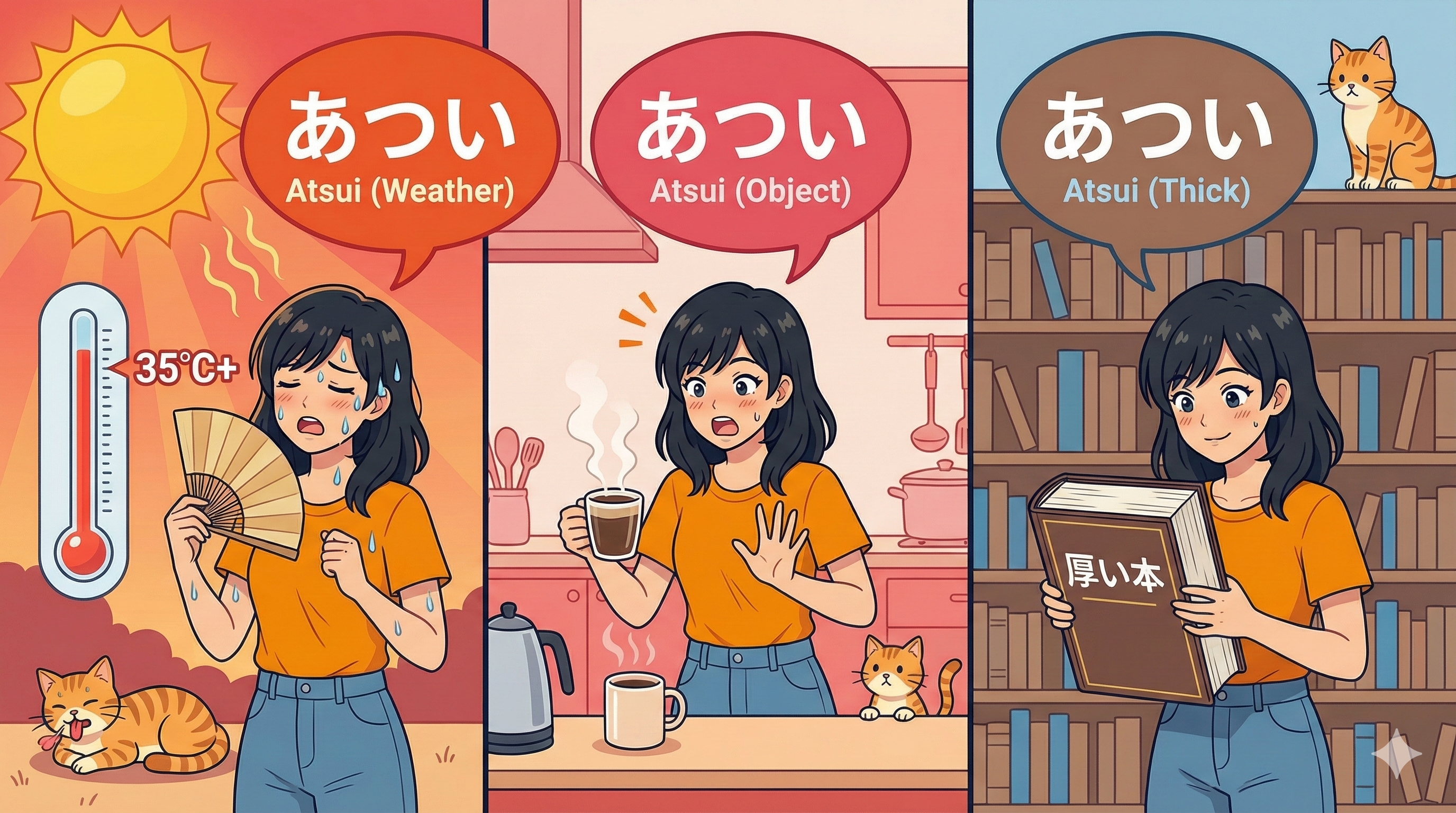 (Alt Text: Joy sweating [暑い], Joy holding hot coffee [熱い], Joy holding a thick book [厚い])
