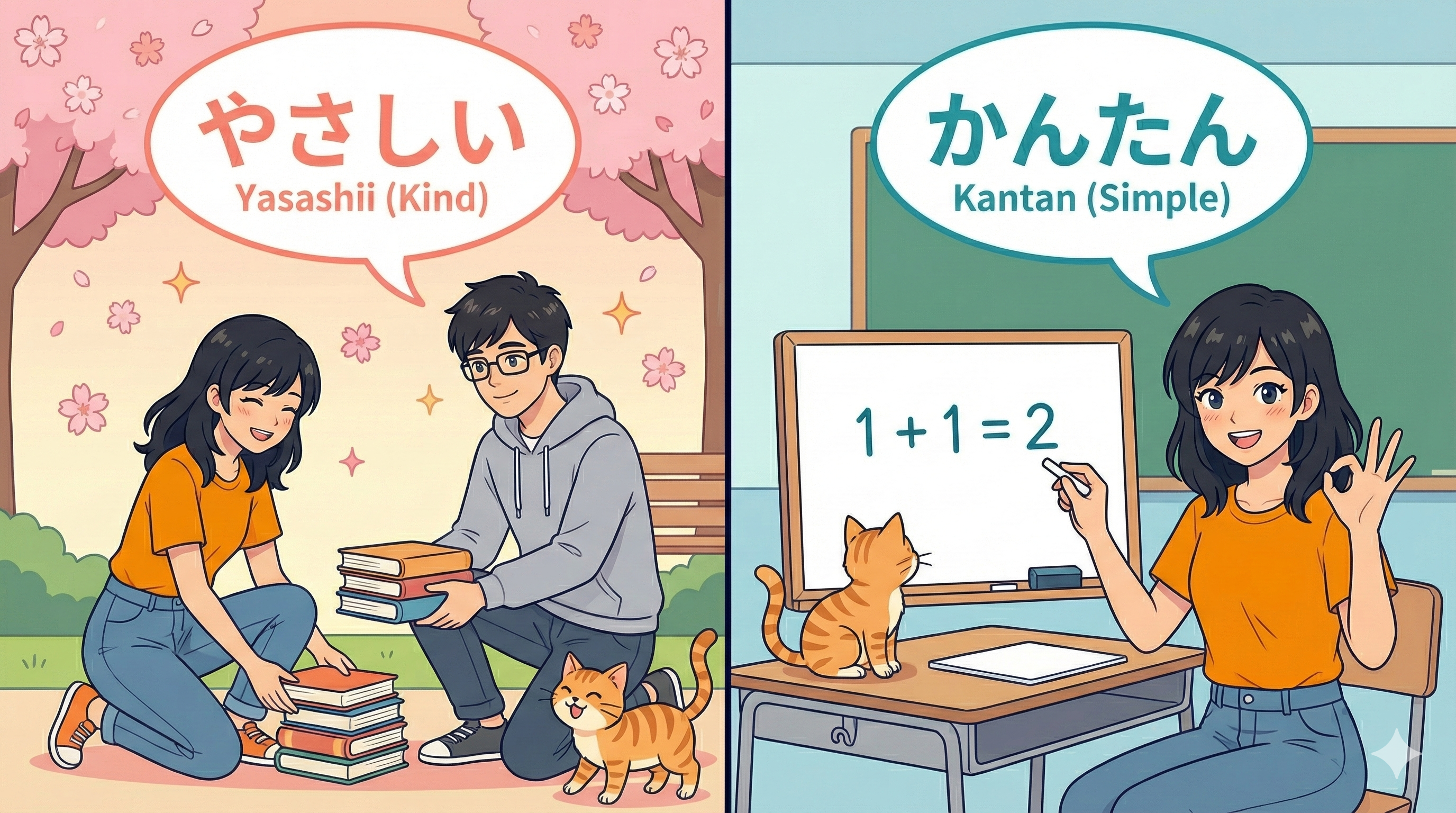 (Alt Text: Joy meeting a kind person [Yasashii] vs. Joy solving a simple problem [Kantan])