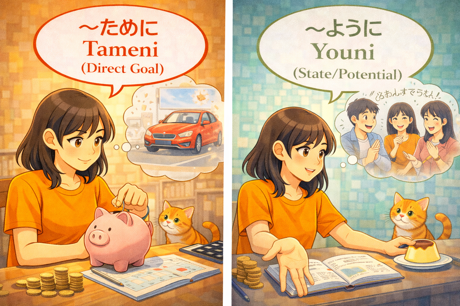(Alt Text: 車を買うJoy [ために] vs. 話せるようになりたいJoy [ように])