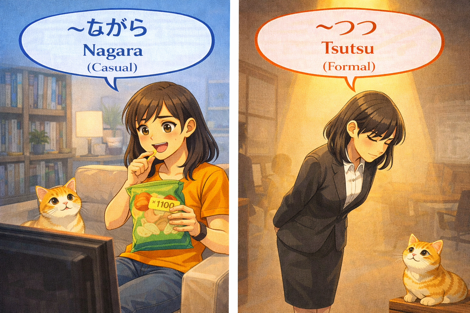 (Alt Text: Joy eating while watching TV [Nagara] vs. Joy working formally [Tsutsu])