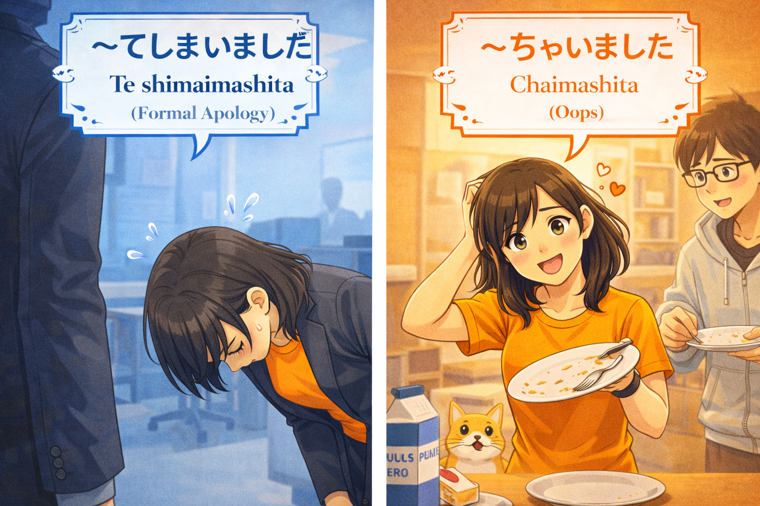 (Alt Text: 深く謝るJoy [てしまいました] vs. テヘペロするJoy [ちゃいました])