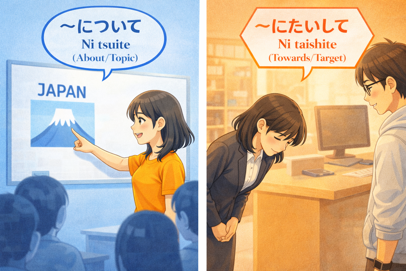 (Alt Text: 日本について話すJoy [について] vs. お客様に対応するJoy [に対して])