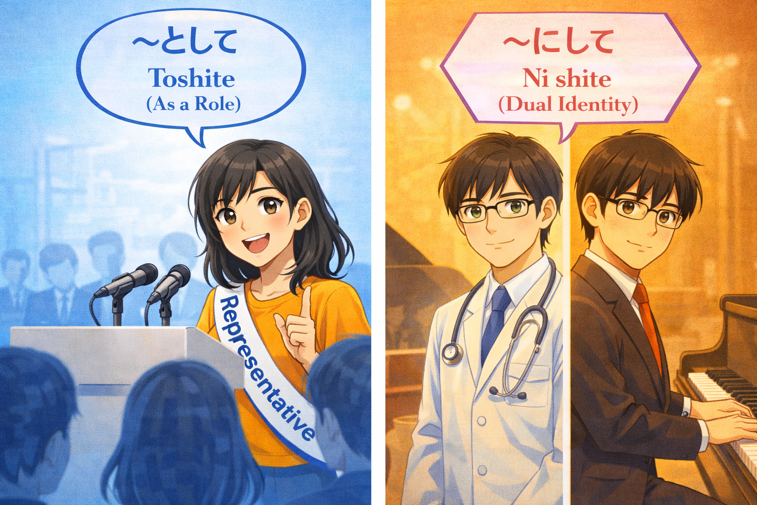 (Alt Text: 代表として話すJoy [として] vs. 医者でありピアニストであるKen [にして])